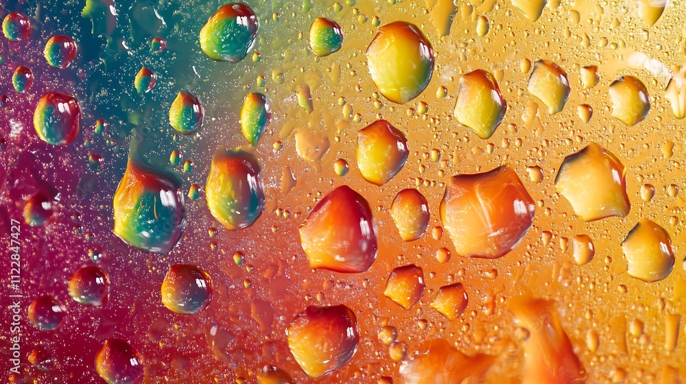 Poster vibrant spectrum droplets on glass with rainbow colors reflections create mesmerizing abstract art :