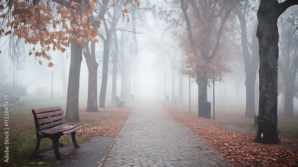 Poster serene foggy autumn park path with benches and leafless trees : generative ai