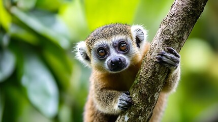 Obraz premium Playful Lemur Perched on Branch in Vibrant Green Setting : Generative AI