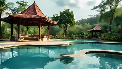 Obraz premium Relaxing poolside retreat tropical resort image scenic nature panoramic view tranquil oasis for ultimate relaxation and rejuvenation