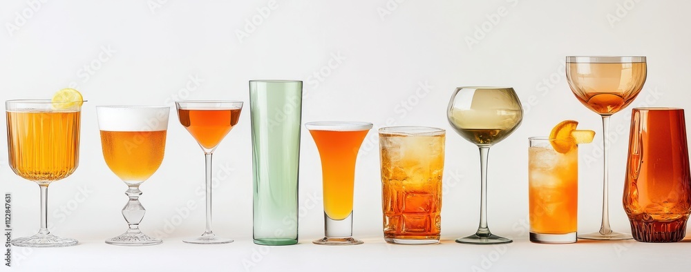 Poster colorful array of various drinks displayed in elegant glassware on a clean white background for refr