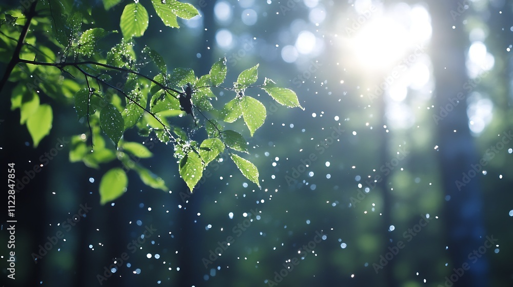 Aufkleber Glistening Dewdrops on Leaf in Mystical Forest Illuminated by Soft Sunlight through Trees : Generative AI