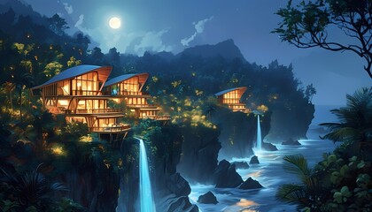 Fototapeta premium Stunning nighttime view of luxury cliffside villas overlooking ocean waterfalls tropical landscape serenity high angle perspective dreamy atmosphere for relaxation