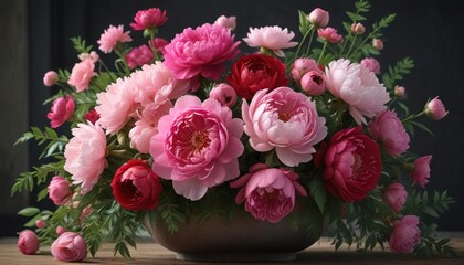 Fototapeta premium Red and pink peonies in a lush floral arrangement , arrangements, romantic