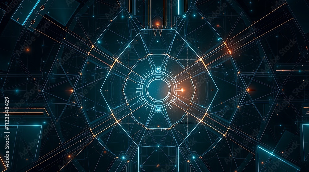 Aufkleber digital abstract: a mesmerizing abstract of a futuristic cityscape, with glowing lines and geometric
