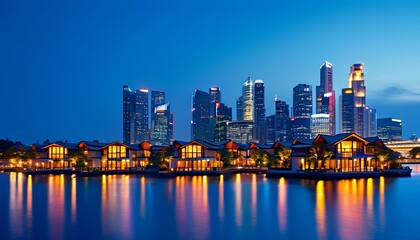 Fototapeta premium Nighttime cityscape photography singapore urban landscape waterfront aesthetic view vibrant serenity in modern architecture