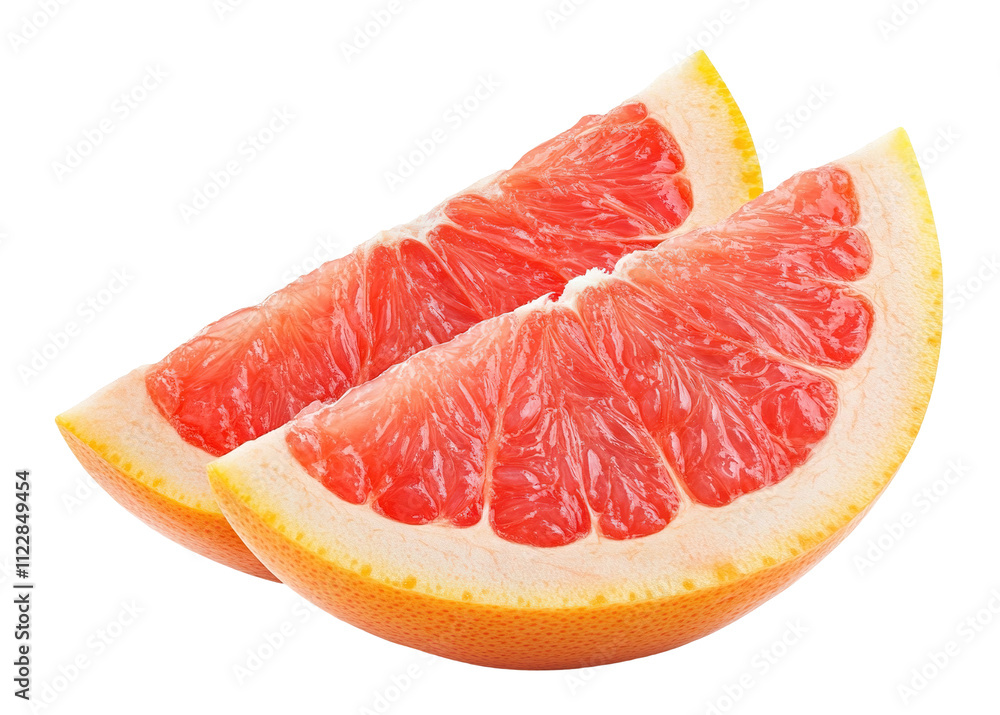 Poster fresh grapefruit slices with vibrant pink pulp and textured rind, isolated on transparent cutout bac