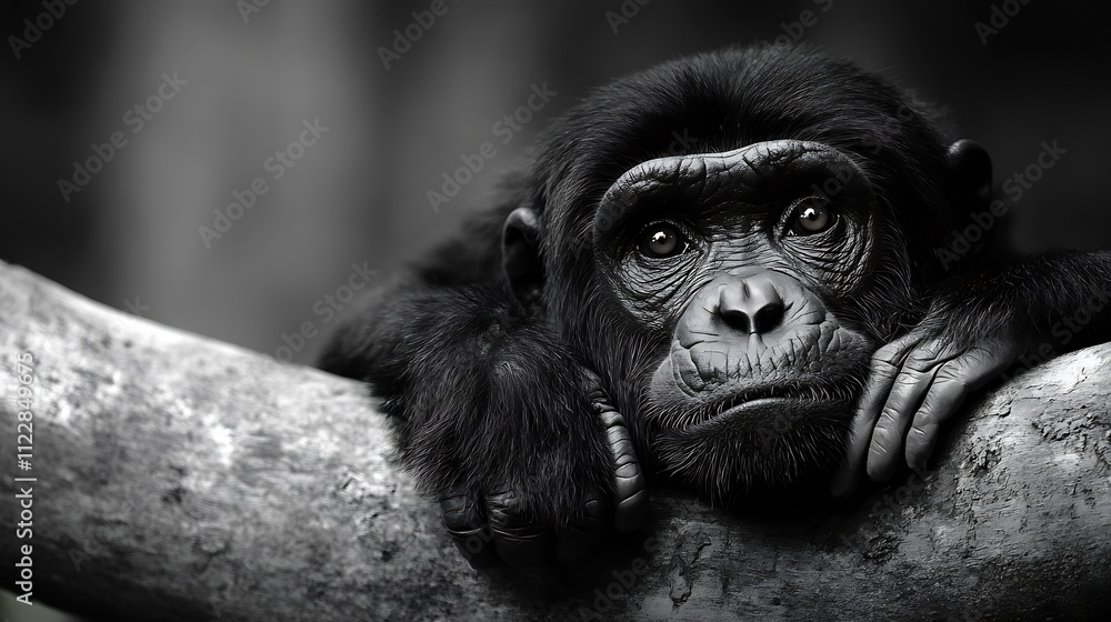 Poster thoughtful chimpanzee lying on tree branch in black and white : generative ai