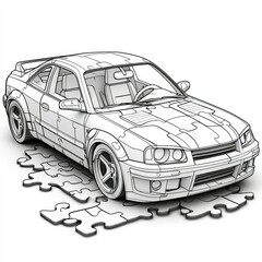 Fototapeta premium Puzzle Sports Car Line Art Illustration of a Fast Coupe on Jigsaw Pieces