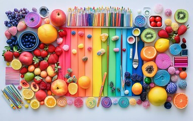 Vibrant rainbow arrangement of colorful fruits, candies, and art supplies.
