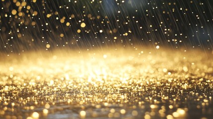 Naklejka premium Glittering Gold Sunlit Rain with Sparkling Drops in Atmospheric Scene : Generative AI