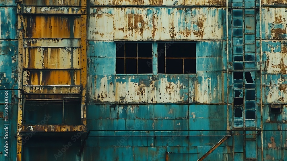 Poster closeup view of weathered blue metal cladding with rusted details : generative ai