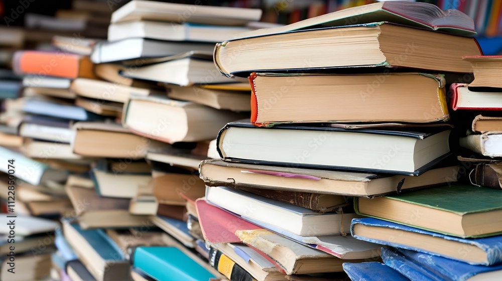 Poster Stacked Books Representing Knowledge Learning Education and Literary Research in a Library Setting : Generative AI
