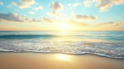 Obraz premium Idyllic Sunset Over Calm Ocean with Soft Sandy Beach and Puffy Clouds Creating a Peaceful Coastal Scene : Generative AI