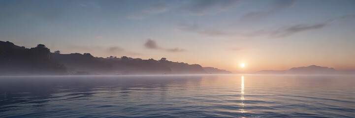 Obraz premium Softly glowing blue mist surrounds a calm ocean scene at dawn, blue light, dreamy scene