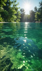 Obraz premium Sparkling bokeh effect in a pool of shimmering green water, abstract landscape, shimmering waves, calm atmosphere