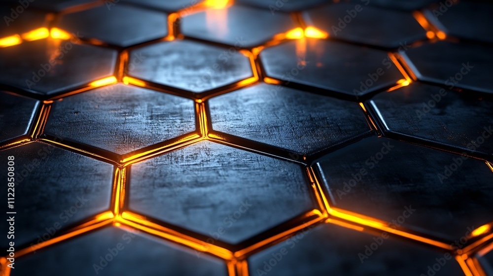 Poster Hexagon Pattern with Orange Illuminated Edges on Dark Metallic Surface : Generative AI