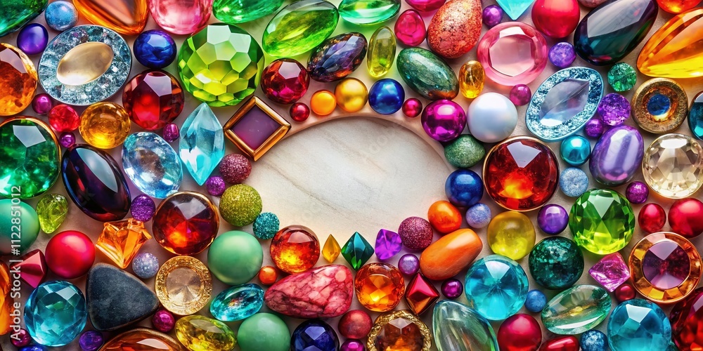 Aufkleber collection of colorful gemstones in a frame with central empty space for text or design, showcasing 
