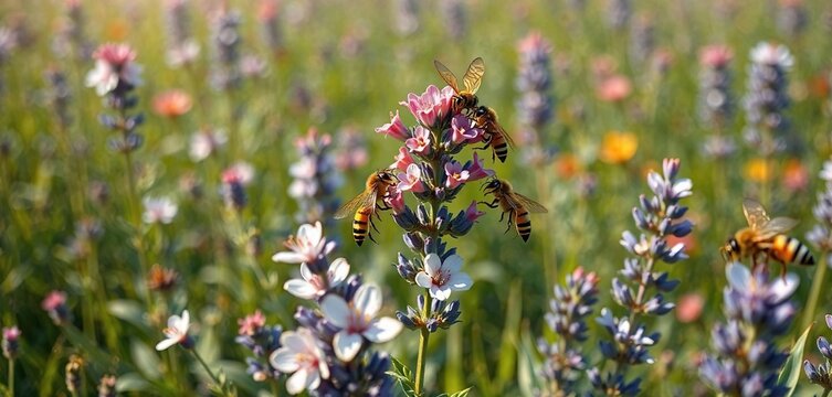 Un grupo de abejas revoloteando alrededor de una planta de lavanda con flores rojas y blancas en un campo soleado , flor, lavanda