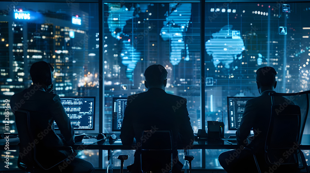 Aufkleber night shift workers in a modern control room overlooking a city skyline with global data displayed o