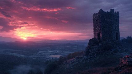 Obraz premium An abandoned watchtower overlooking a desolate valley, its stone walls cracked and weathered, standing alone under a dramatic sunset sky.