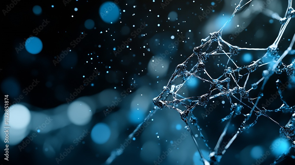 Aufkleber Abstract Network Background With Interconnected Structures On Dark Blurred Blue Bokeh Light : Generative AI