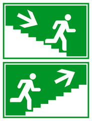 Man running down stairs with direction arrow, Man running up stairs with direction arrow. Exit way icons. Emergency exit. Safety symbol.