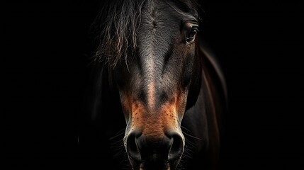 Naklejka premium Majestic Close Up of Dark Brown Horse with Black Background Elegantly Captured Photo : Generative AI