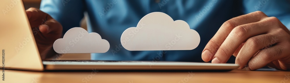 Poster a person is using a laptop, with digital clouds appearing above, symbolizing cloud computing and tec