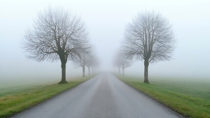 Obraz premium Long Straight Road Flanked by Bare Trees in Dense Fog : Generative AI