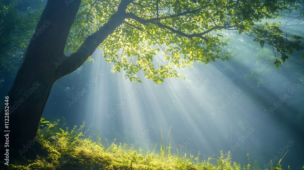 Poster sunlight beams through lush forest canopy illuminating tranquil woodland scene : generative ai