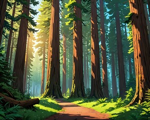 Sunlight filters through a redwood forest path.