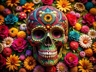 Fototapeta premium Colorful Day of the Dead Skull with Floral Ornaments for Halloween and Dia de los Muertos Celebrations, Perfect for T-Shirt Print Design and Festive Decor
