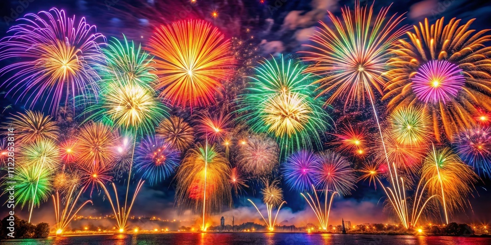 Poster Colorful Fireworks Display in the Night Sky Celebrating New Year with Vibrant Explosions and Patterns Creating a Festive Atmosphere in Sparkling 3D Digital Art Background
