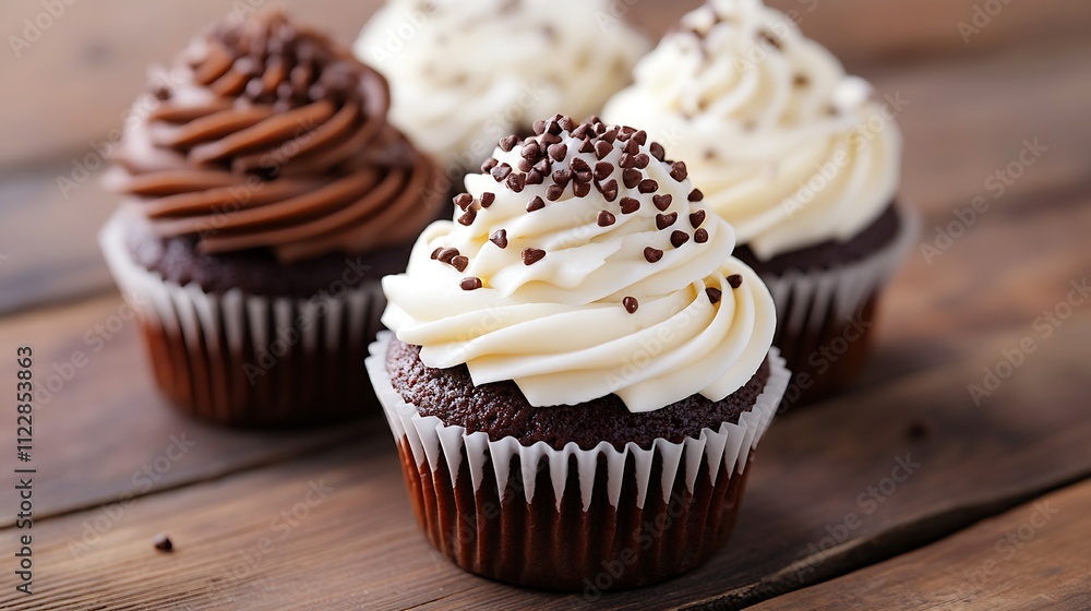 Poster artistic display of chocolate and vanilla cupcakes on rustic wooden table : generative ai