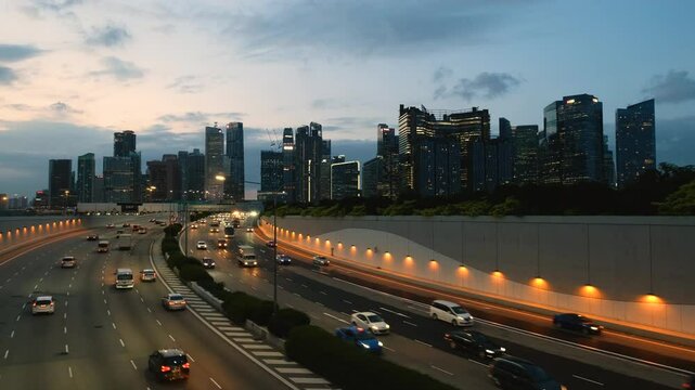 Sunset Scene of Downtown Singapore with Traffic Car City Timelapse. The Marina Coastal Expressway (MCE) is a key underground expressway in Singapore, spanning approximately 5 kilometres.