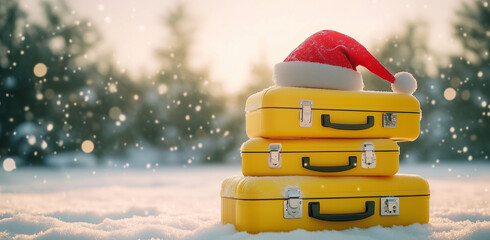Bright suitcases stacked on top of each other with a Santa hat on the side, a bright background with snow falling, minimalistic in the style of Santa Claus.