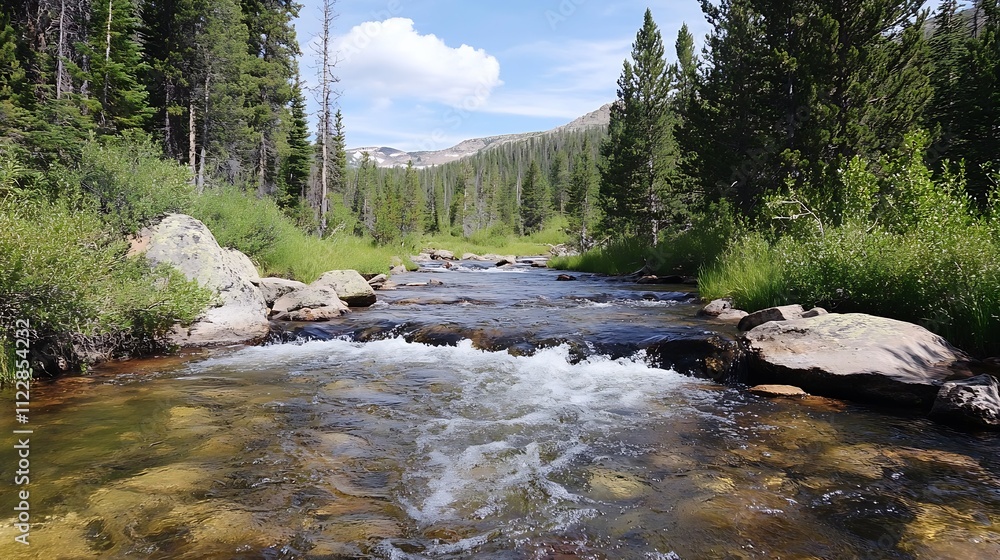 Poster mountain stream flowing through pine forest on a sunny day with blue skies : generative ai