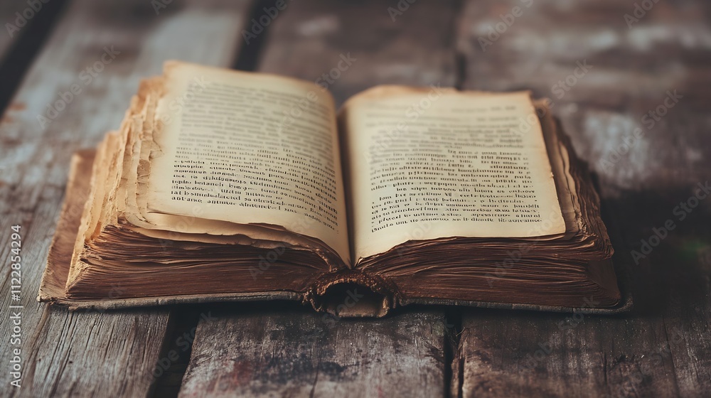 Poster vintage open book with worn pages on a wooden table : generative ai