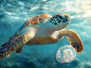 Fototapeta premium Sea turtles and jellyfish swimming in the clear blue sea water give a sense of calm, beauty and nature. Suitable for use in environmental conservation campaigns or promoting eco-tourism.