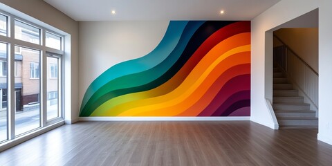 A vibrant mural featuring flowing colors adorns the wall of a spacious modern living room, creating a warm and inviting atmosphere. house interior, arrangement ideas