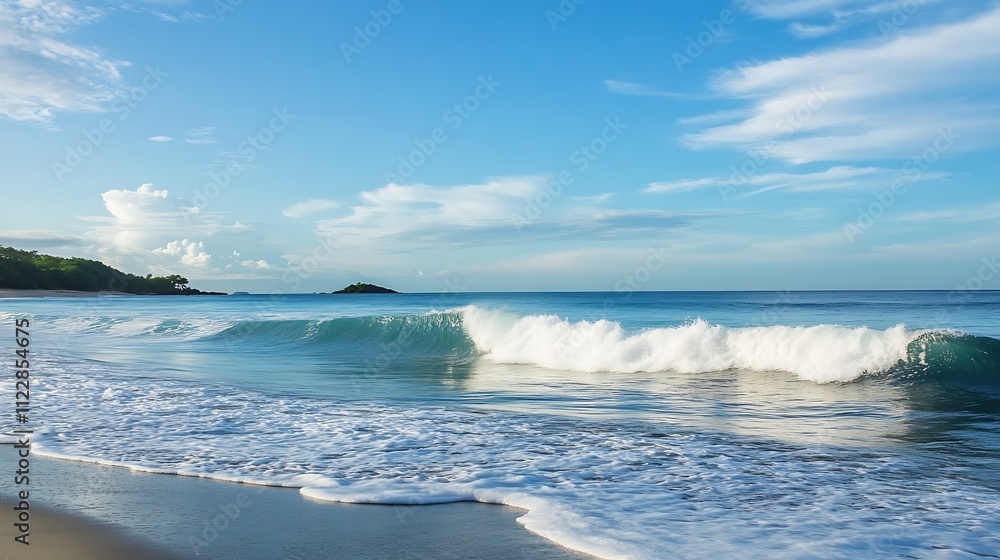 Poster pristine wave crashing on remote tropical beach with blue skies and clouds : generative ai
