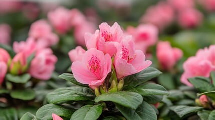 Obraz premium Vibrant Pink Azalea Blossoms in Lush Greenery Capturing the Essence of Springtime Floral Beauty : Generative AI