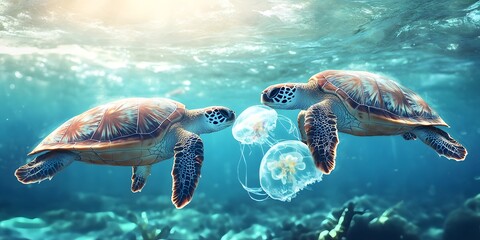 Obraz premium Sea turtles and jellyfish swimming in the clear blue sea water give a sense of calm, beauty and nature. Suitable for use in environmental conservation campaigns or promoting eco-tourism.
