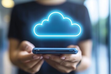 Modern Technology Concept with Smartphone and Cloud Icon Representing Data Storage and Accessing Information in Digital Era