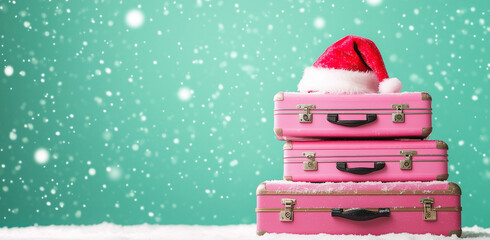 Bright suitcases stacked on top of each other with a Santa hat on the side, a bright background with snow falling, minimalistic in the style of Santa Claus.