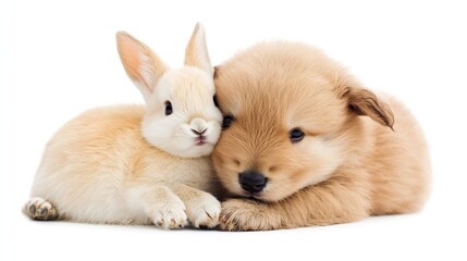 Obraz premium Adorable Fluffy Puppy and White Bunny Snuggling on White Background : Generative AI