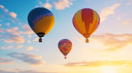 Fototapeta premium Colorful Hot Air Balloons Gently Floating at Sunset with Serene Sky Scenery and Majestic View of Adventure : Generative AI