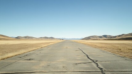 Vast open road through arid landscape with mountains under a clear blue sky suggesting travel and exploration : Generative AI