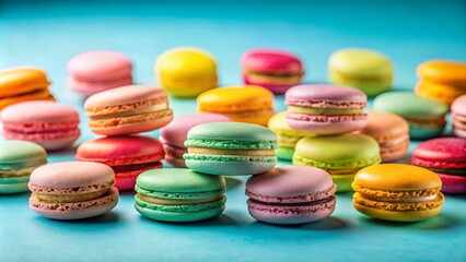 Fototapeta premium Colorful Macarons on a Soft Pastel Blue Background for a Deliciously Appealing Stock Photo Collection of Sweet Treats and Desserts